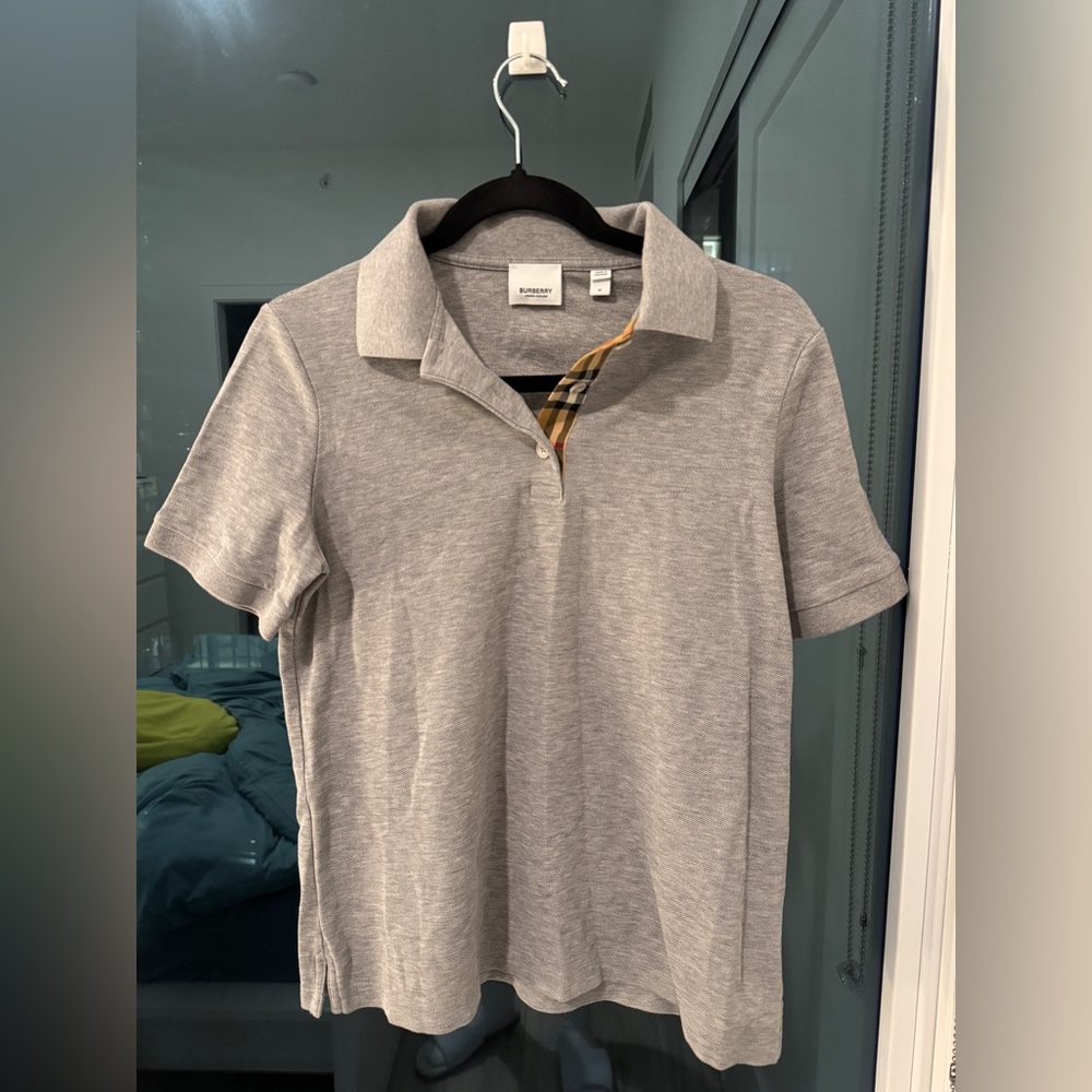 Authentic Burberry Gray Polo Shirt with Check Collar